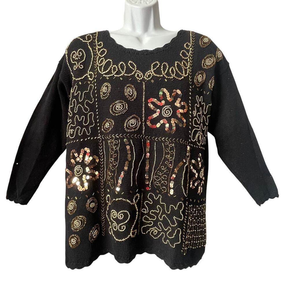 VINTAGE 80s Margules Gold Bead and Sequined Tunic Sweater Size Large